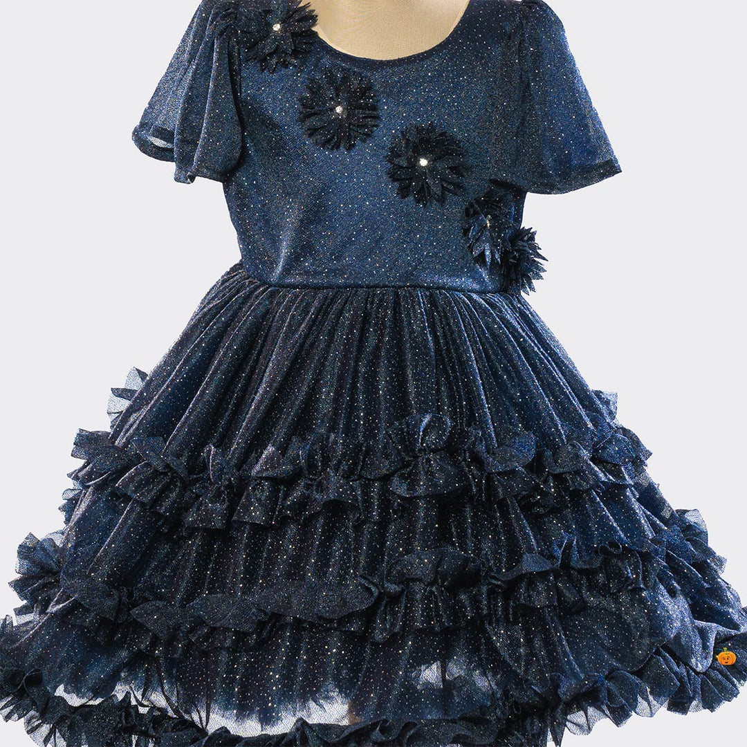 Navy Blue Party Wear Frock for Girls Close UpView