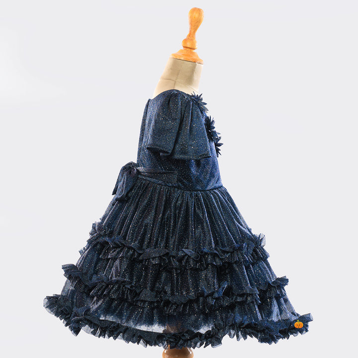 Navy Blue Party Wear Frock for Girls Side View 