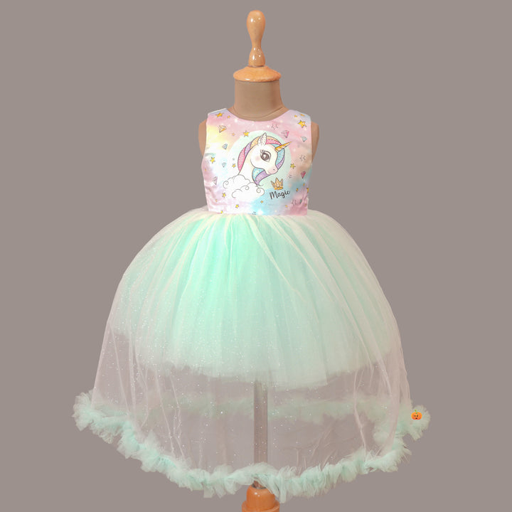 Sea Green Unicorn Party Girls Frock Front View