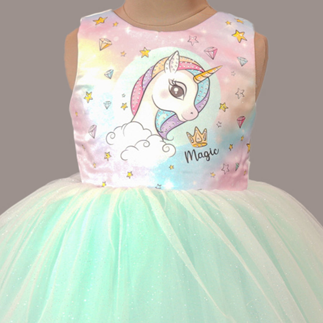 Sea Green Unicorn Party Girls Frock Close Up View