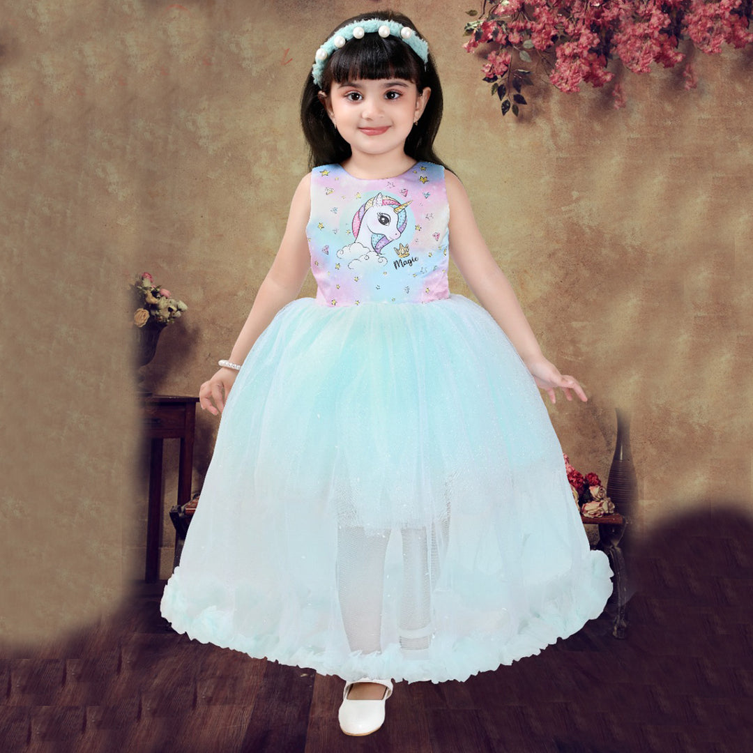 Sea Green Unicorn Party Girls Frock Model Front View