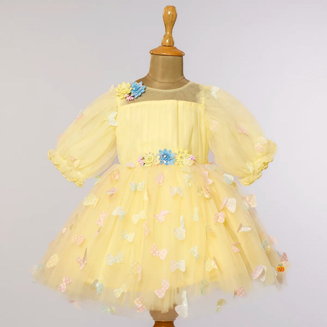 Pink & Lemon Scattered Butterflies Frock for Girls Front View