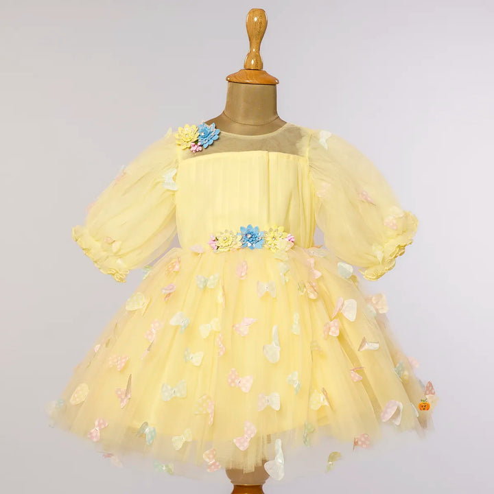 Pink & Lemon Scattered Butterflies Frock for Girls Front View