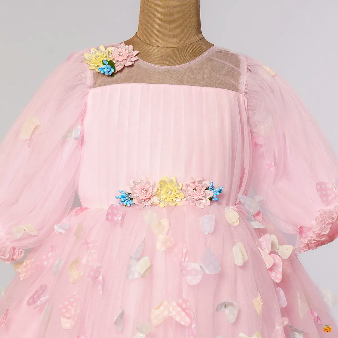 Pink & Lemon Scattered Butterflies Frock for Girls Close Up View