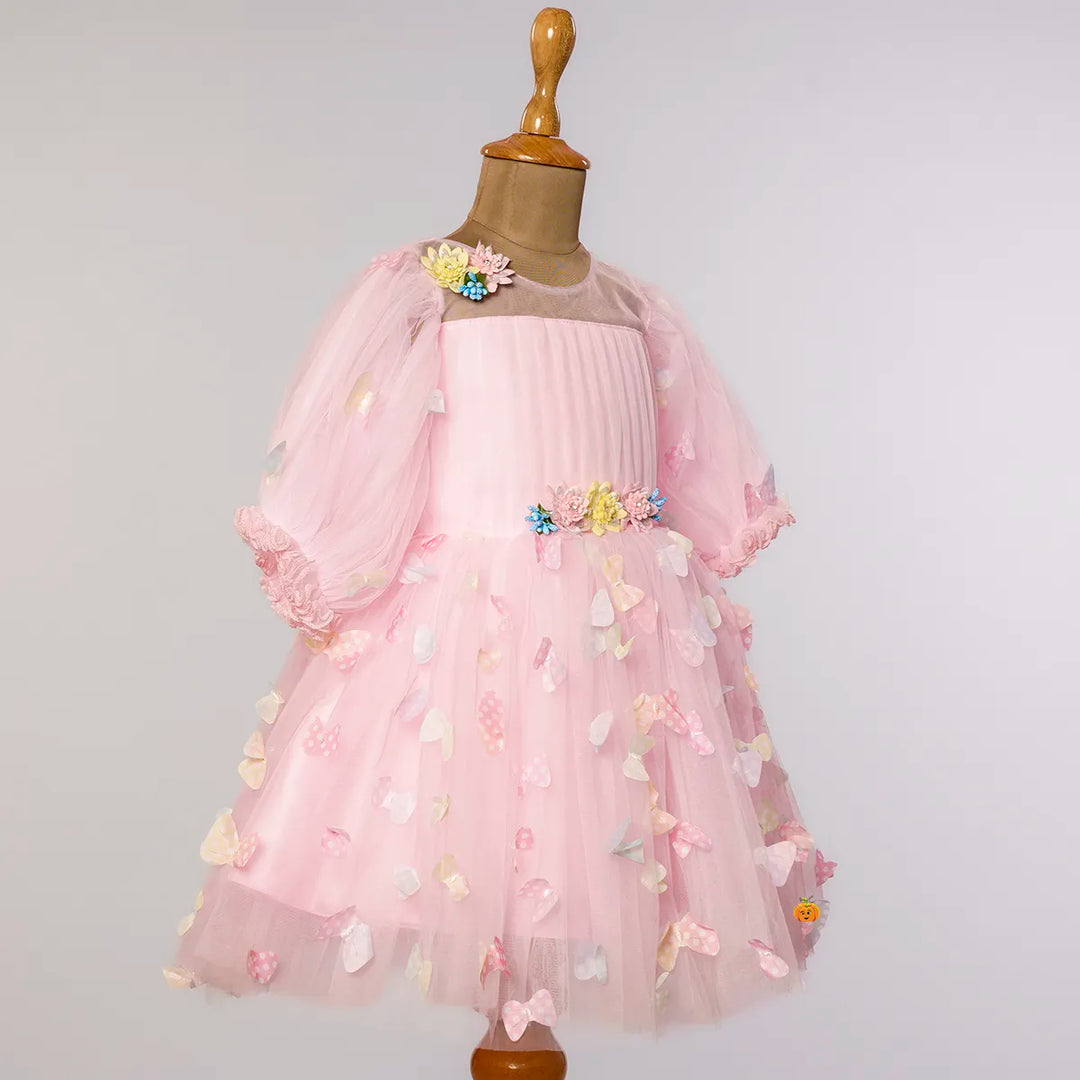 Pink & Lemon Scattered Butterflies Frock for Girls Side View