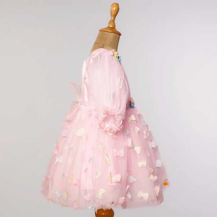 Pink & Lemon Scattered Butterflies Frock for Girls Side View