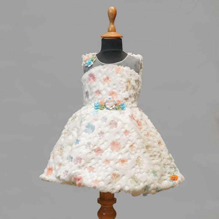 Furry Floral Design Frock for Girls Front View