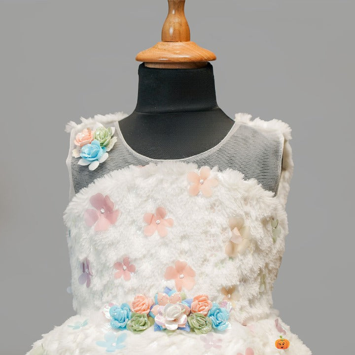 Furry Floral Design Frock for Girls Close Up View