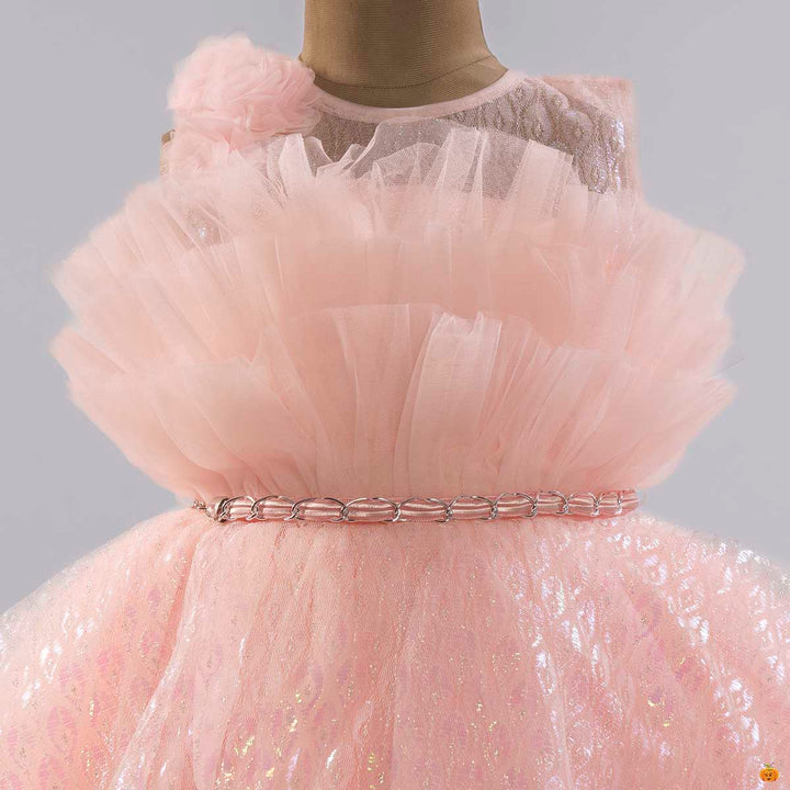 Peach Net Frock for Girls Close Up View
