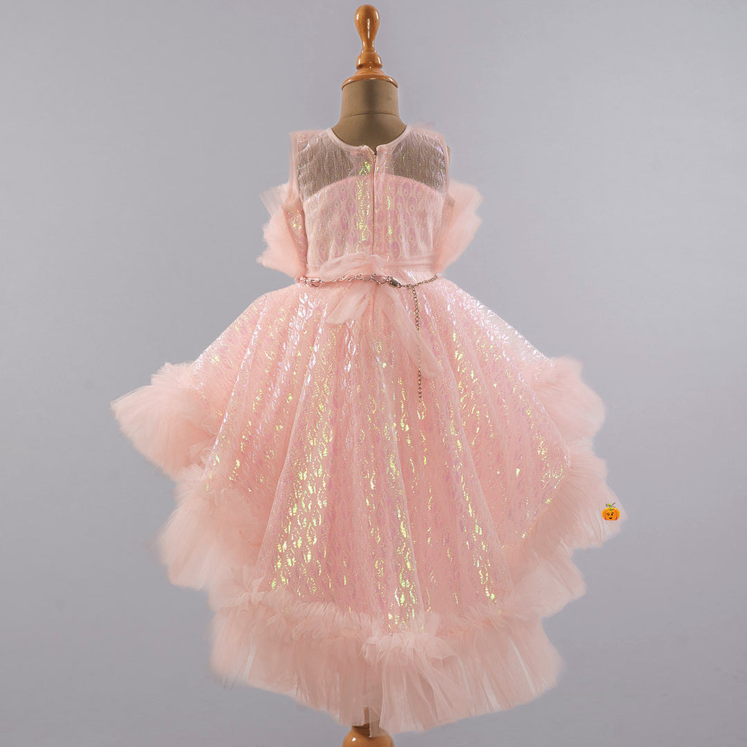 Peach Net Frock for Girls Back View