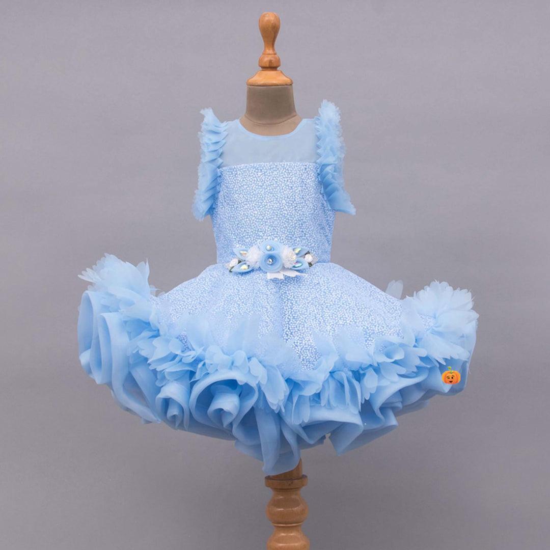Sky Blue Ruffled Girls Frock Front View