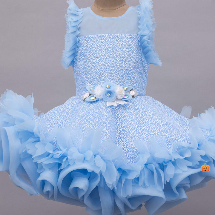Sky Blue Ruffled Girls Frock Close Up View
