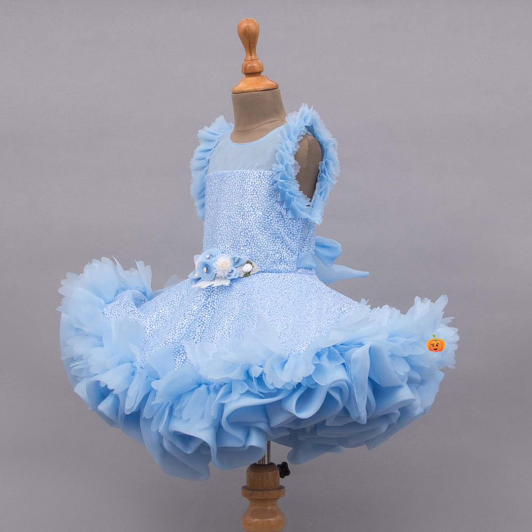 Sky Blue Ruffled Girls Frock Side View