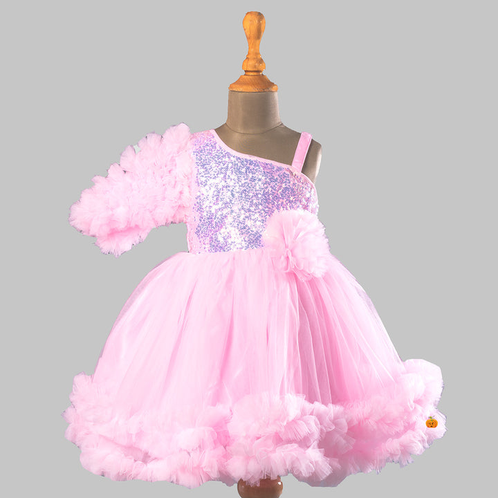 Flared Girls Frock with Frill Edges in Pink