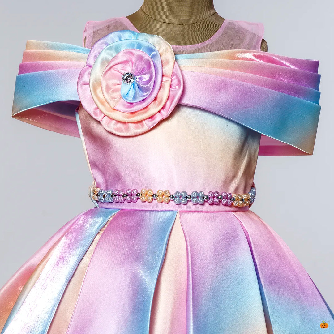 Multi Flower Embossed Girls Frock Close Up View