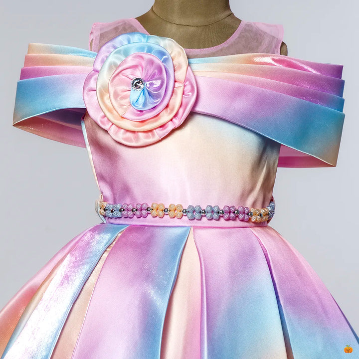 Multi Flower Embossed Girls Frock Close Up View
