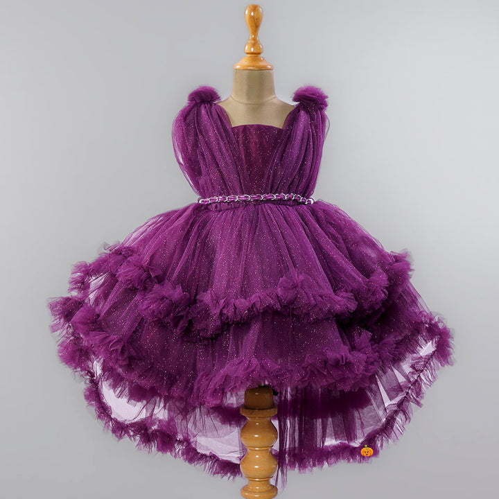 Wine Red Girls Frock in High Low Frill Edges Front View