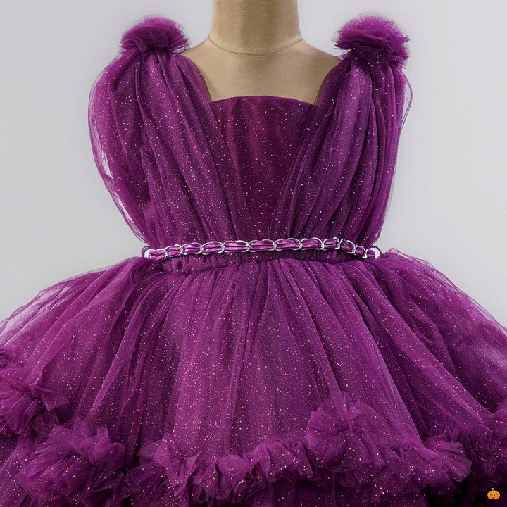 Wine Red Girls Frock in High Low Frill Edges Close Up View