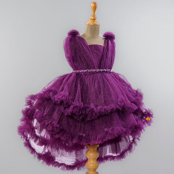 Wine Red Girls Frock in High Low Frill Edges Side View
