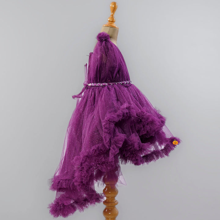 Wine Red Girls Frock in High Low Frill Edges Side View