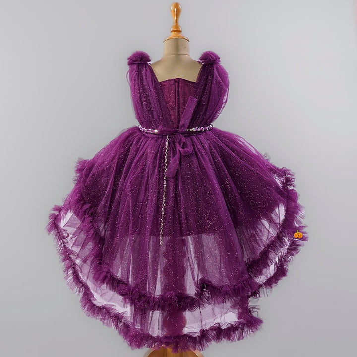 Wine Red Girls Frock in High Low Frill Edges Back View