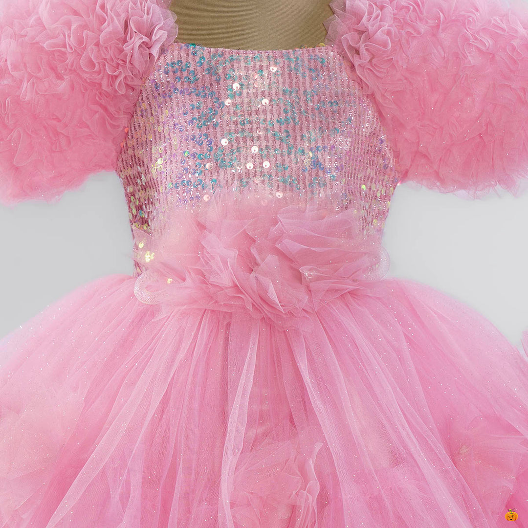 Net Frills Sequin Girls Frock Close Up View