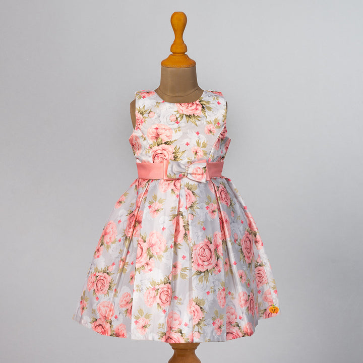 Peach Floral Print Girls Frock Front View