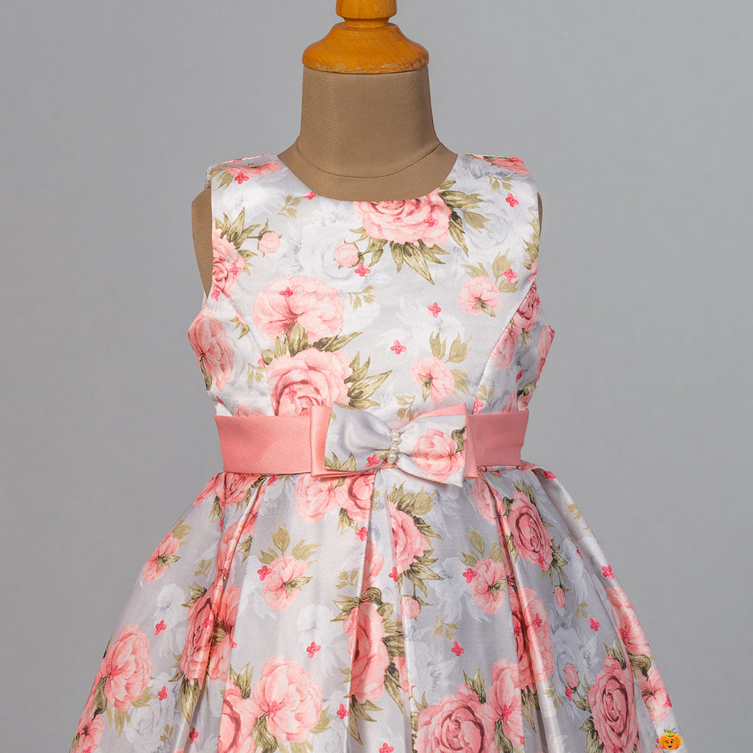 Peach Floral Print Girls Frock Close Up View