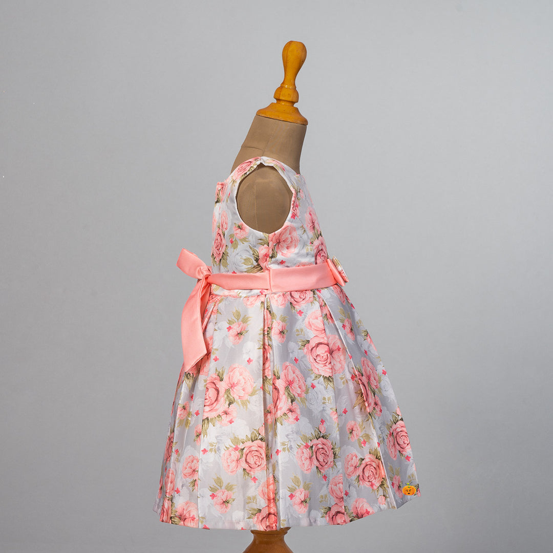 Peach Floral Print Girls Frock Side View