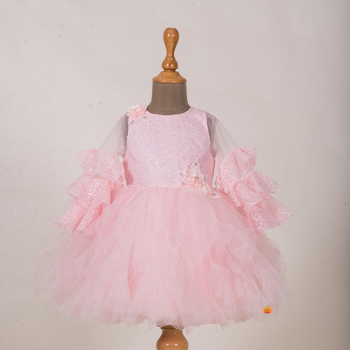 Frill Sleeves Peach Kids Frock Front View