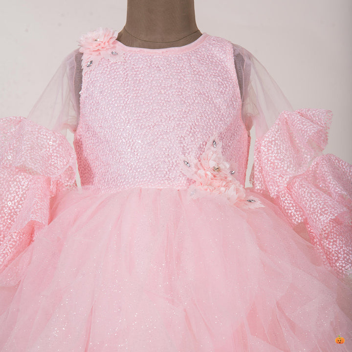 Frill Sleeves Peach Kids Frock Close Up View