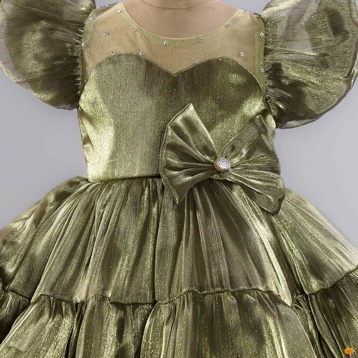 Green Bow Flared Frock for Girls Close Up View