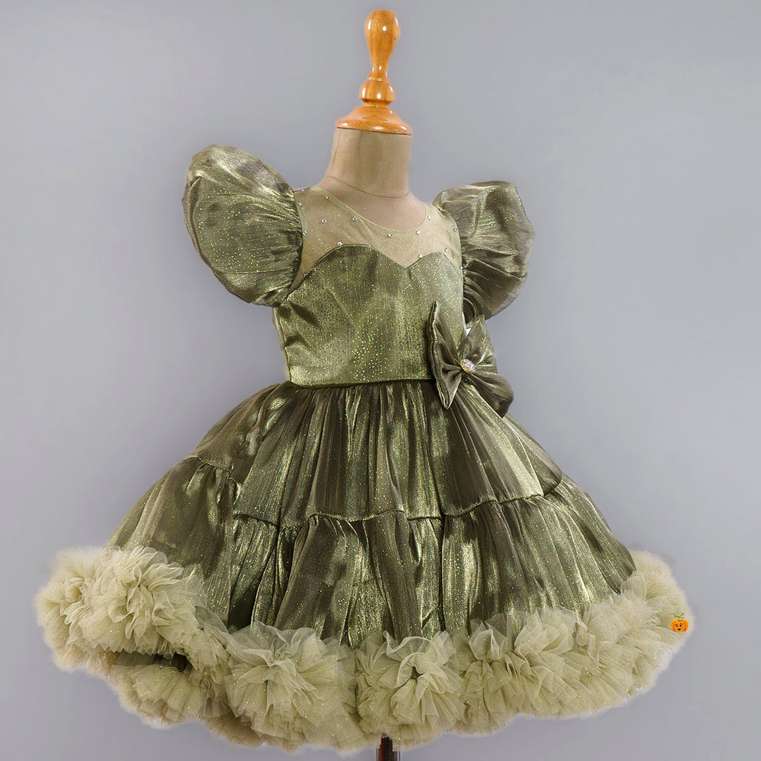 Green Bow Flared Frock for Girls Side View