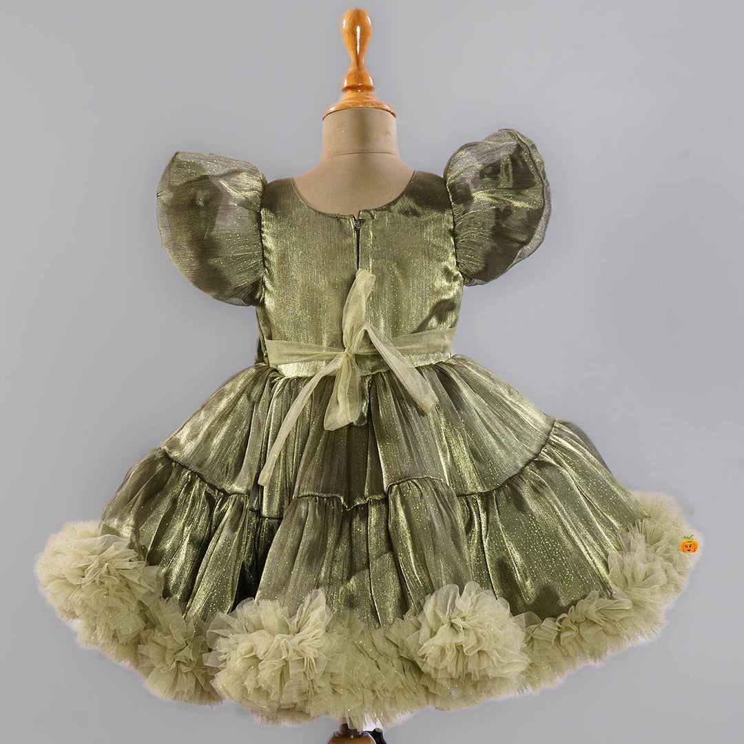 Green Bow Flared Frock for Girls Back View