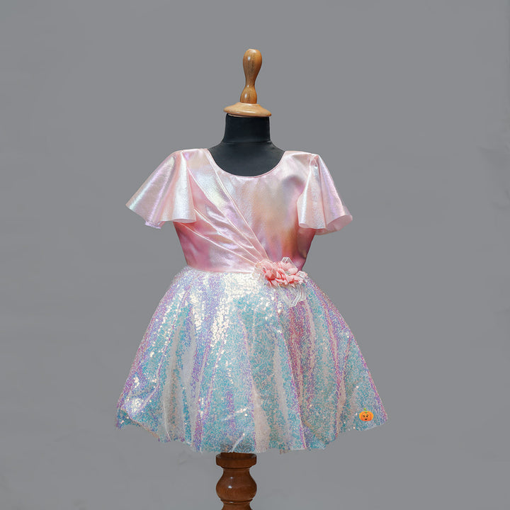 Pink Sequin Designer Party Wear Girls Frock Front View
