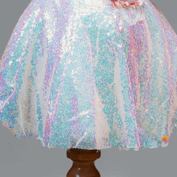 Pink Sequin Designer Party Wear Girls Frock Bottom Close Up View