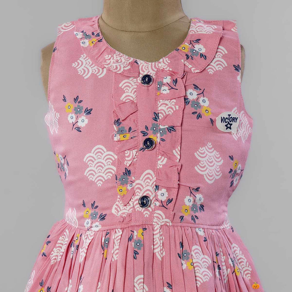 Pleated Girls Frock with Printed Design Close Up View