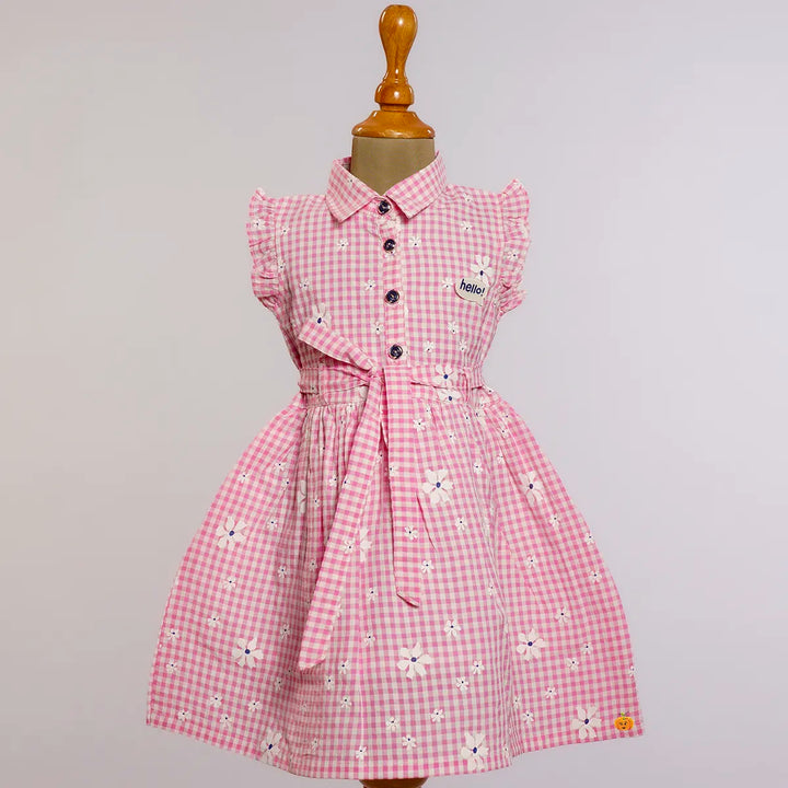Pink Collared Check Pattern Girls Frock Front View