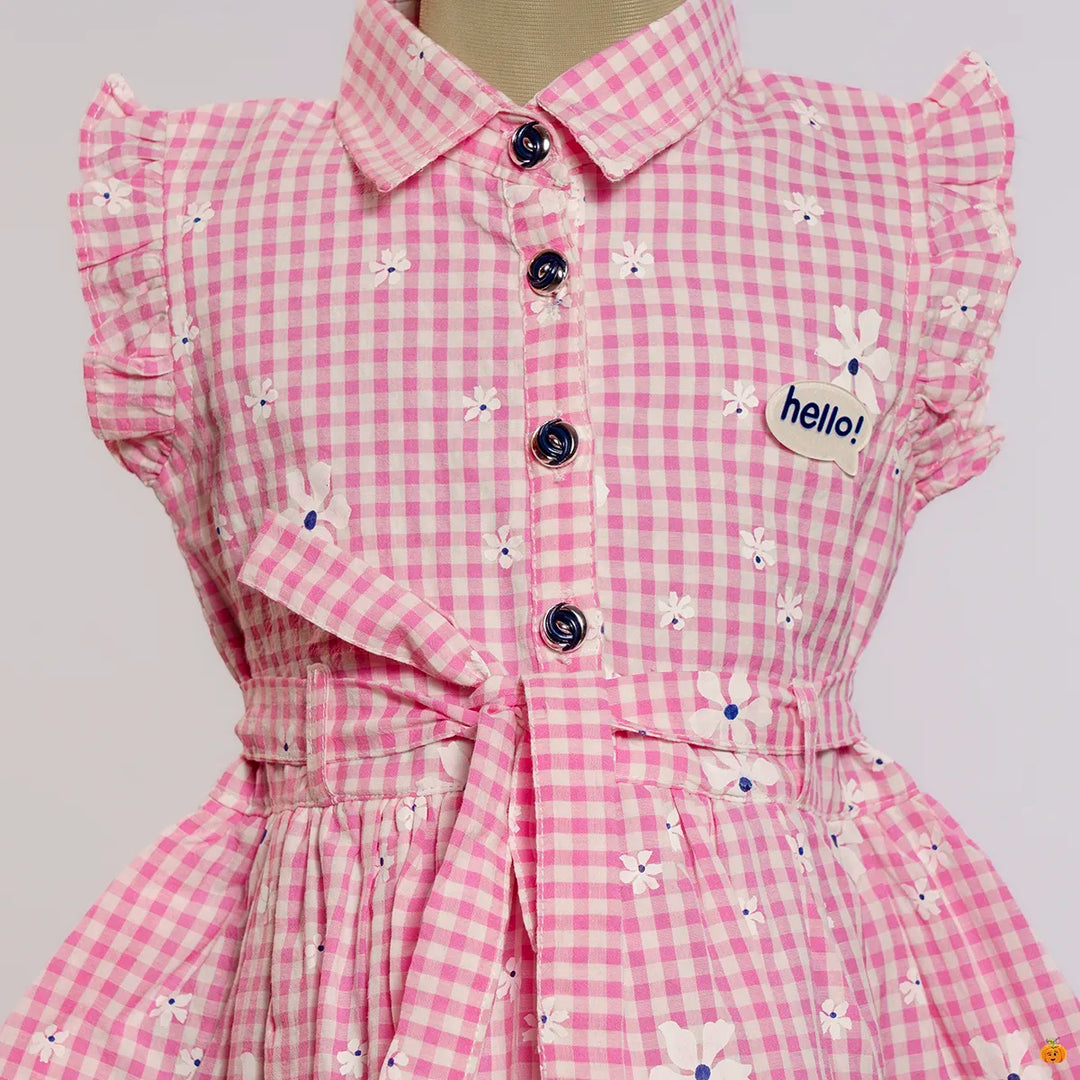 Pink Collared Check Pattern Girls Frock Close Up View