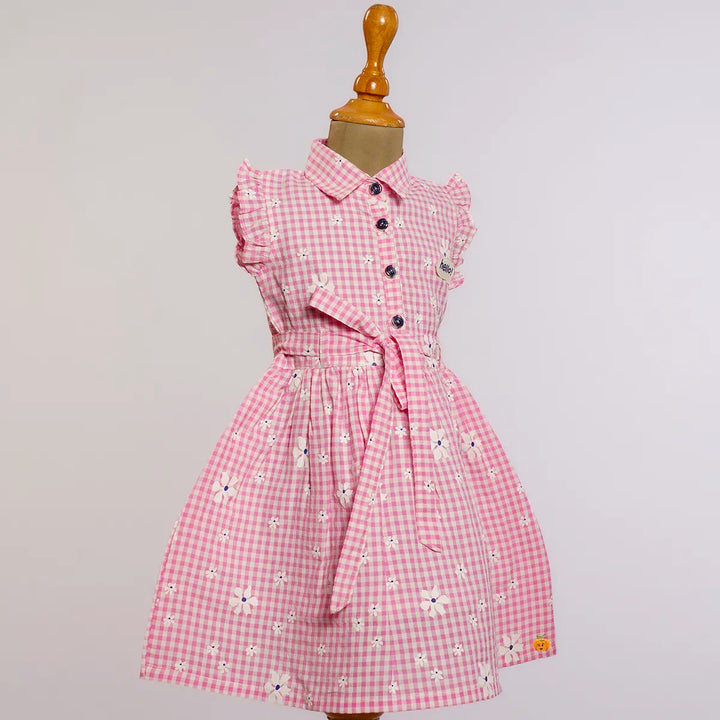 Pink Collared Check Pattern Girls Frock Side View