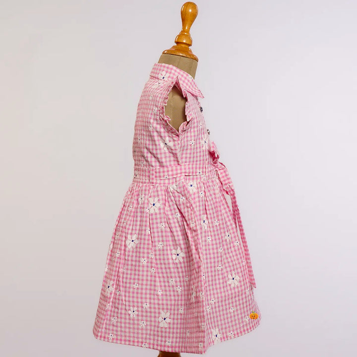 Pink Collared Check Pattern Girls Frock Side View
