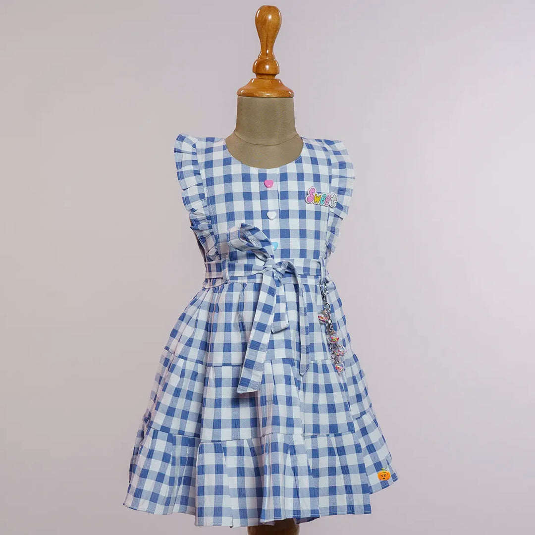 Blue Check Pattern Cotton Girls Frock Front View
