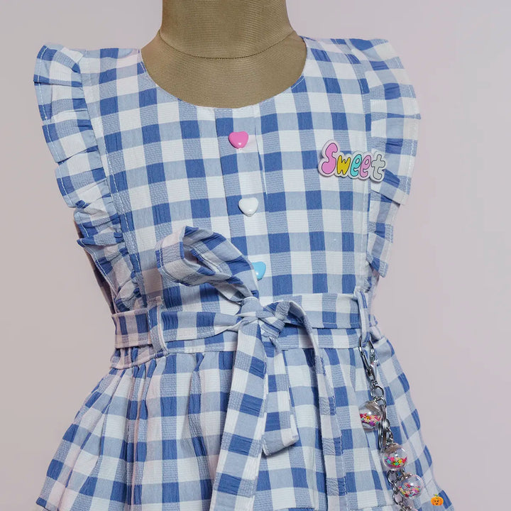 Blue Check Pattern Cotton Girls Frock Close Up View