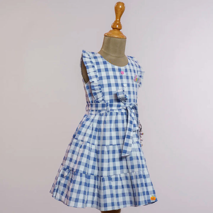 Blue Check Pattern Cotton Girls Frock Side View