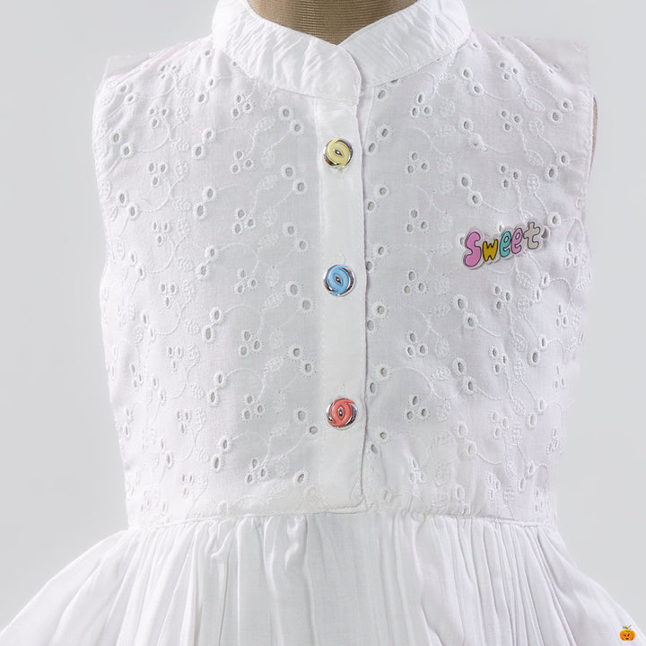 White Embroidered Girls Frock Close Up View