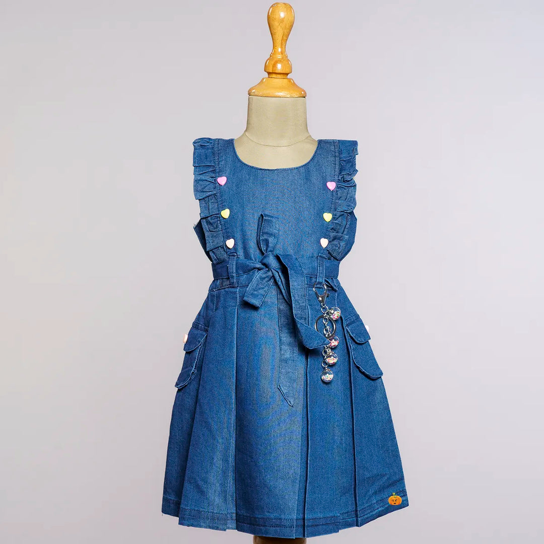 Navy Blue & Blue Denim Girls Frock Front View