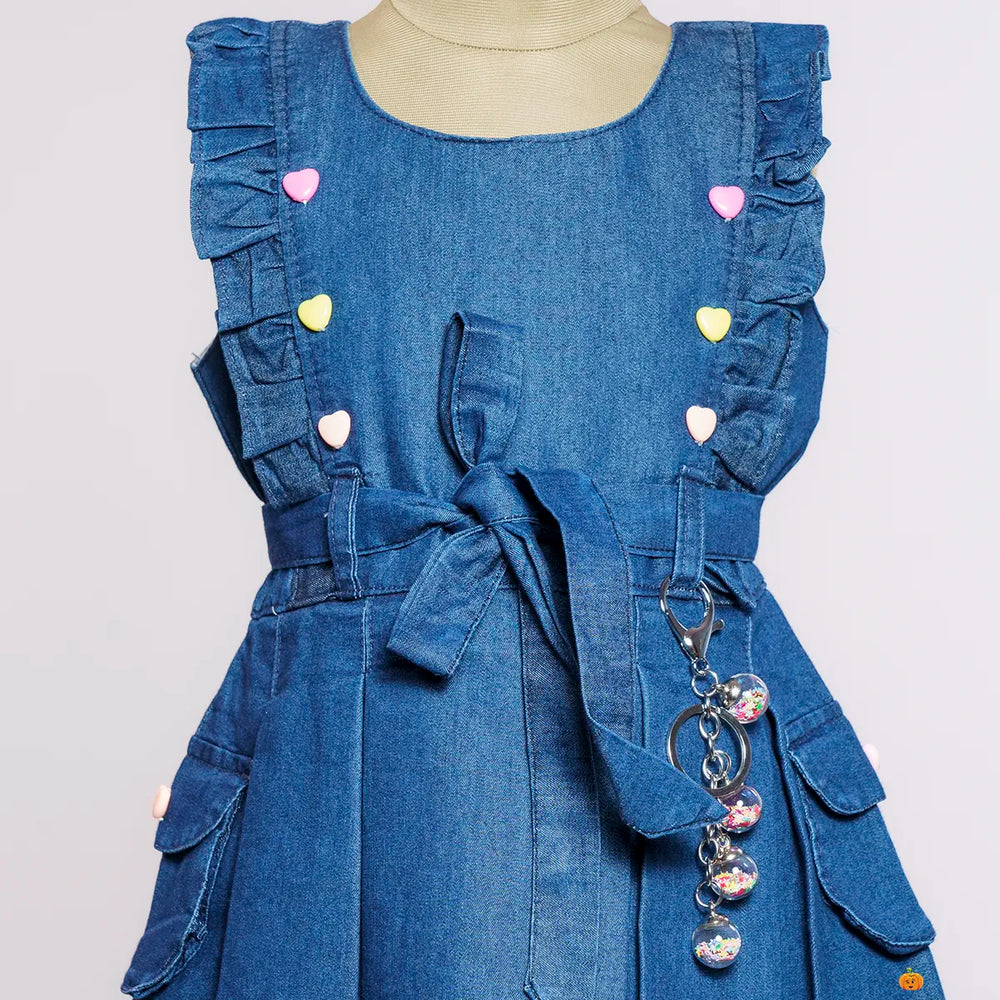 Navy Blue & Blue Denim Girls Frock Close Up View