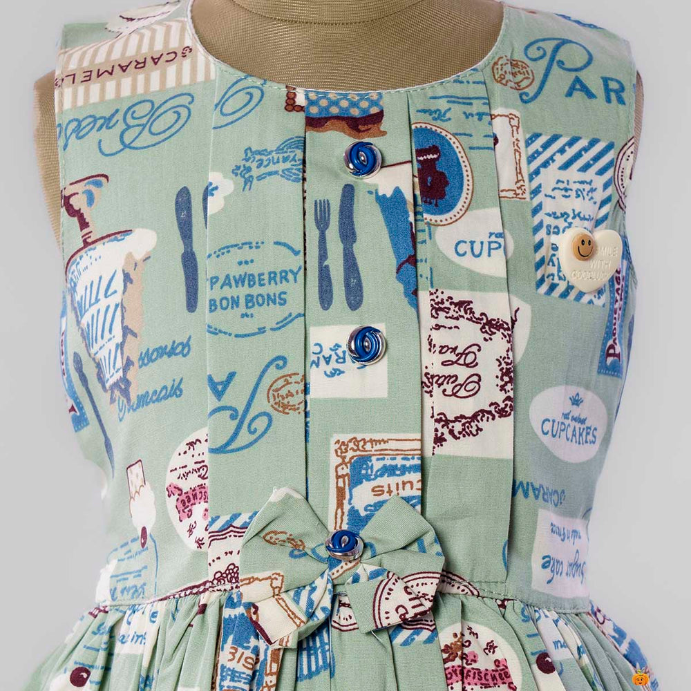 Green Pleated Bow Cotton Girls Frock Close Up View