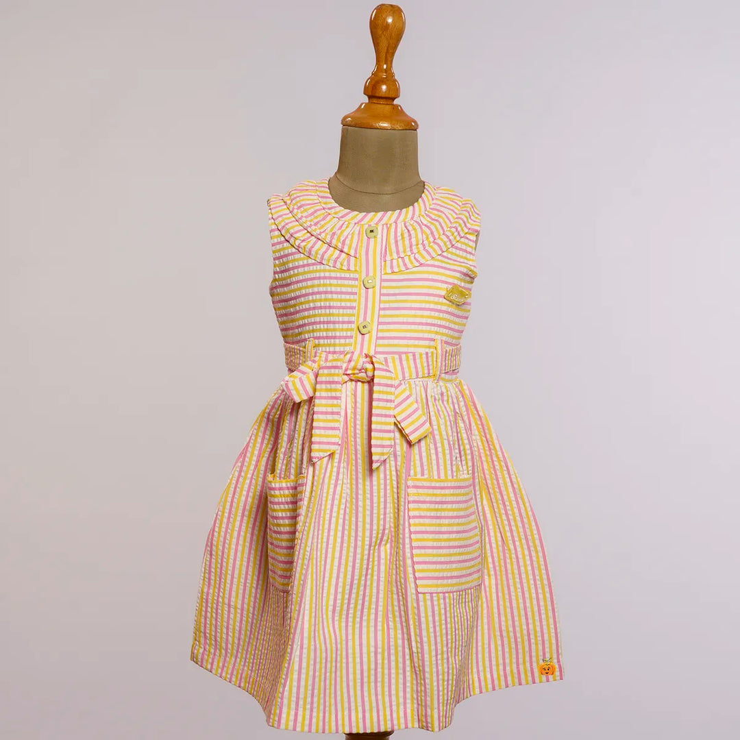 Yellow Striped Pattern Cotton Frock for Girls Front View