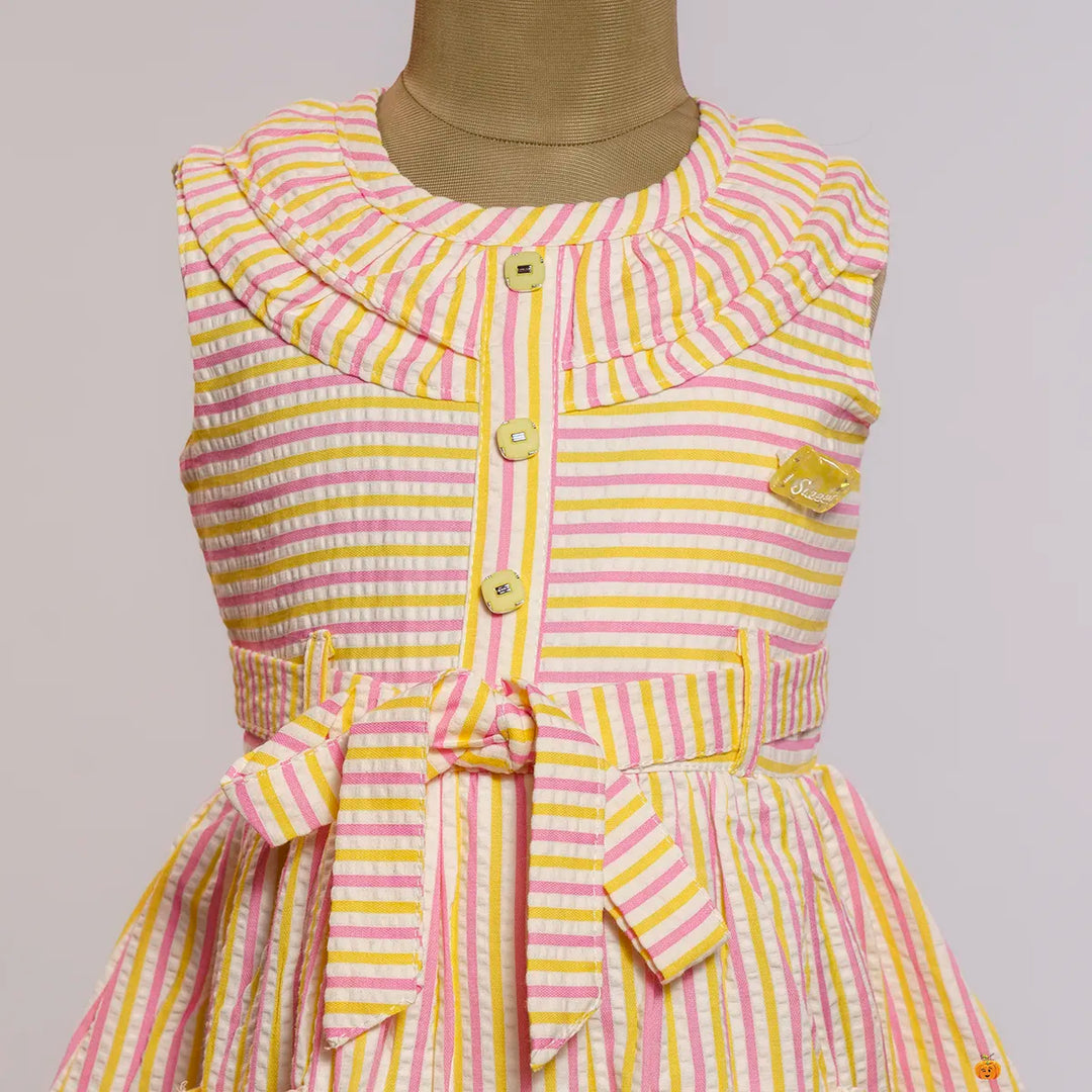 Yellow Striped Pattern Cotton Frock for Girls Close Up View
